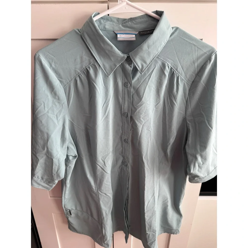 Columbia‎ Omni-Shade Womens Short Sleeve Button Down Shirt Blue Grey Large